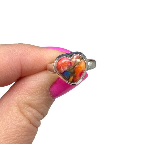 Kingman Pink Dahlia Turquoise Ring Size 6 Solid 925 Sterling Silver Heart Shaped - Picture 4 of 8